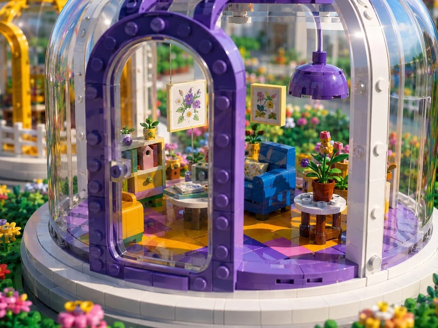 A private glass room furnished with chairs, plants, and flower artwork